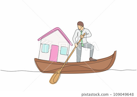 Continuous one line drawing businessman standing in boat and sailing with house. Housing loan settlement. Banks provide home mortgage installments to employees. Single line design vector illustration 109049648