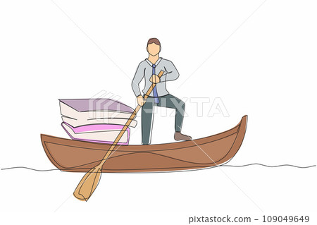 Single one line drawing businessman standing in boat and sailing with pile of papers. Manager escape from stack of documents, paperwork, overworked. Continuous line graphic design vector illustration 109049649