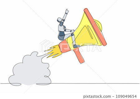 Continuous one line drawing of robot riding megaphone rocket flying in sky. Soft skill to communicate with team. Humanoid robot cybernetic organism. Single line draw design vector graphic illustration 109049654