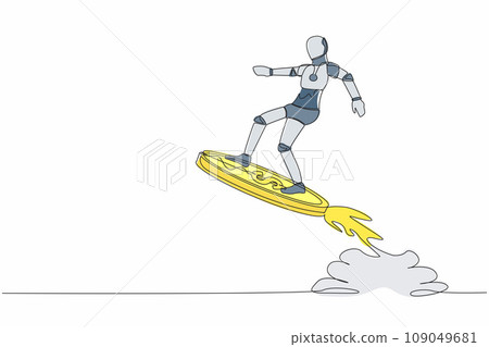 Single one line drawing robot riding dollar coin rocket flying in the sky. Tech business opportunity. Modern robotic artificial intelligence technology. Continuous line draw design vector illustration Single one line drawing robot riding dollar coin rocket flying in the sky. Tech business opportunity. Modern robotic artificial intelligence technology. Continuous line draw design vector illustration 109049681