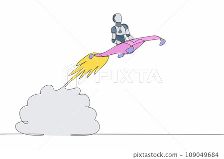 Single one line drawing robot riding magic carpet rocket flying in the sky. Tech business acceleration. Modern robotic artificial intelligence. Continuous line draw design graphic vector illustration Single one line drawing robot riding magic carpet rocket flying in the sky. Tech business acceleration. Modern robotic artificial intelligence. Continuous line draw design graphic vector illustration 109049684