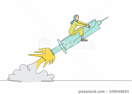 Single continuous line drawing Arab businesswoman riding syringe rocket flying in the sky.Increase vaccination against COVID-19. Fighting to eliminate coronavirus. One line design vector illustration 109049693