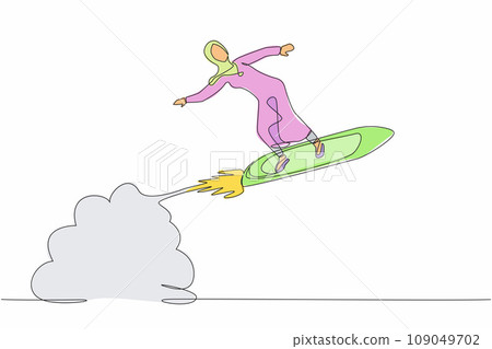 Single continuous line drawing Arabian businesswoman riding surfing board rocket flying in the sky. Wealthy entrepreneur. Launching dollar cash money waves project. One line design vector illustration Single continuous line drawing Arabian businesswoman riding surfing board rocket flying in the sky. Wealthy entrepreneur. Launching dollar cash money waves project. One line design vector illustration 109049702