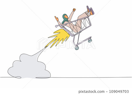 Single one line drawing Arab businesswoman riding trolley cart rocket flying in the sky. Happy buyer female shopping in department store, supermarket. Continuous line draw design vector illustration Single one line drawing Arab businesswoman riding trolley cart rocket flying in the sky. Happy buyer female shopping in department store, supermarket. Continuous line draw design vector illustration 109049703