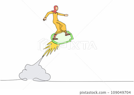 Single one line drawing Arabian businesswoman riding shield rocket flying in the sky. Business security acceleration to save financial growth. Continuous line draw design graphic vector illustration Single one line drawing Arabian businesswoman riding shield rocket flying in the sky. Business security acceleration to save financial growth. Continuous line draw design graphic vector illustration 109049704