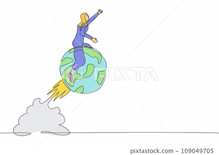 Continuous one line drawing Arabian businesswoman riding sphere globe rocket flying in the sky. Global business, world economics or business opportunity. Single line design vector graphic illustration Continuous one line drawing Arabian businesswoman riding sphere globe rocket flying in the sky. Global business, world economics or business opportunity. Single line design vector graphic illustration 109049705