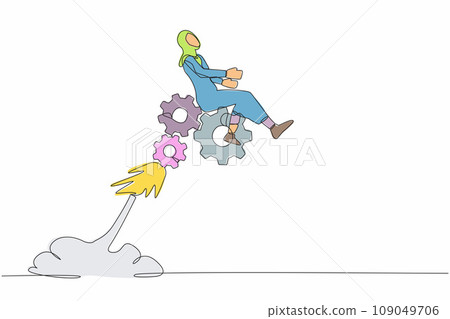 Continuous one line drawing Arabian businesswoman riding gear rocket flying in the sky. Challenge to win higher target. Effort and ambition to reach goal. Single line draw design vector illustration 109049706