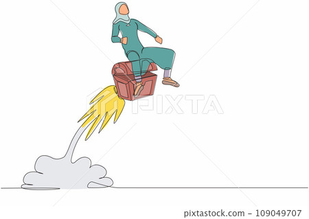 Single continuous line drawing Arab businesswoman riding treasure chest rocket flying in the sky. Searching hidden chest with gold, jewels with metal detector. One line draw design vector illustration Single continuous line drawing Arab businesswoman riding treasure chest rocket flying in the sky. Searching hidden chest with gold, jewels with metal detector. One line draw design vector illustration 109049707
