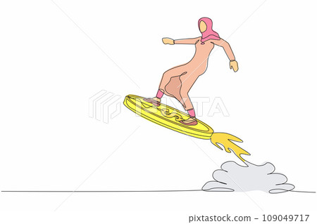 Continuous one line drawing Arab businesswoman riding dollar coin rocket flying in sky. Financial planning for increase income, business opportunity to success. Single line design vector illustration 109049717