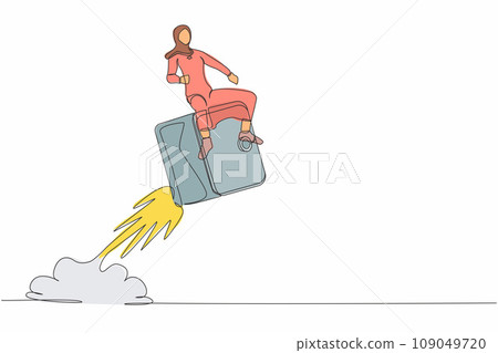 Single one line drawing Arab businesswoman riding safe deposit box rocket flying in sky. Keeping money in bank, protecting savings in safe. Secure finance. Continuous line design vector illustration Single one line drawing Arab businesswoman riding safe deposit box rocket flying in sky. Keeping money in bank, protecting savings in safe. Secure finance. Continuous line design vector illustration 109049720