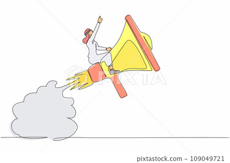 Single one line drawing Arabian businessman riding megaphone rocket flying in sky. Fast communication, business soft skill to communicate with customer. Continuous line draw design vector illustration 109049721