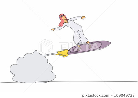 Single one line drawing Arabian businessman riding surfing board rocket flying in the sky. Successful trader on peak of profitability. Business success. Continuous line draw design vector illustration Single one line drawing Arabian businessman riding surfing board rocket flying in the sky. Successful trader on peak of profitability. Business success. Continuous line draw design vector illustration 109049722