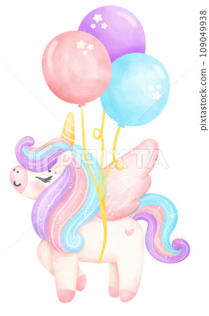 Cute Baby Unicorn with wing watercolor cartoon illustration 109049938