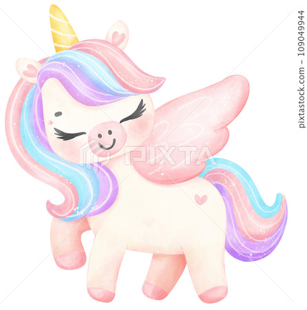 Cute Baby Unicorn with wing watercolor cartoon illustration Cute Baby Unicorn with wing watercolor cartoon illustration 109049944