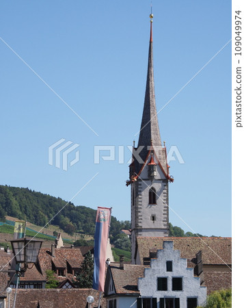 Tower of St. George's abbey in European STEIN am RHEIN town in SWITZERLAND - vertical 109049974