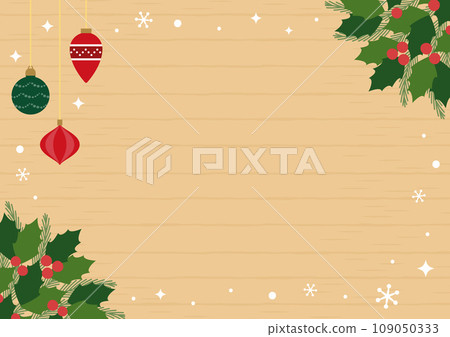 Christmas frame background with christmas ornaments and holly wood grain no text 109050333