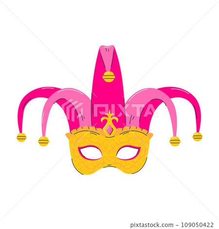 Venetian facial mask for a party. An element of a carnival costume. Symbol of Mardi Gras, Brazilian, Venetian carnival. Fleur de lis. Flat decorative element. Vector illustration isolated on white Venetian facial mask for a party. An element of a carnival costume. Symbol of Mardi Gras, Brazilian, Venetian carnival. Fleur de lis. Flat decorative element. Vector illustration isolated on white 109050422