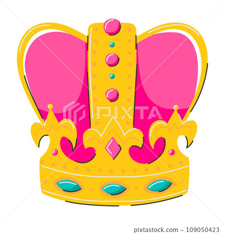 Golden royal crown with stones. An element of a carnival costume. The symbol of Mardi Gras, Brazilian carnival. Flat decorative element. Vector illustration isolated on a white background. 109050423