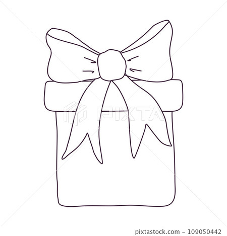 Hand drawn gift box with bow. Birthday present. Outline doodle vector black and white illustration isolated on a white background Hand drawn gift box with bow. Birthday present. Outline doodle vector black and white illustration isolated on a white background 109050442