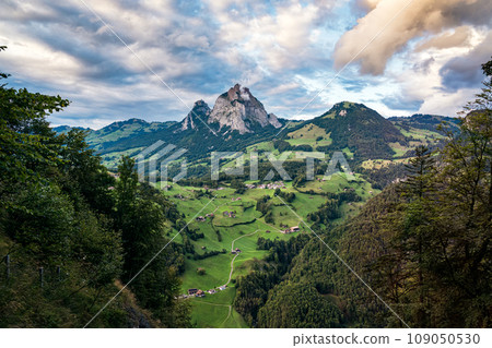 Swiss Alps Grosser Mythen mountain during on the way up to Fronalpstock by Stoos ridge railway in Switzerland 109050530