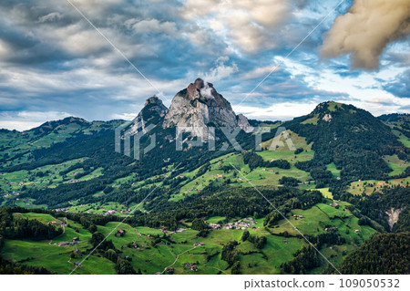 Swiss Alps Grosser Mythen mountain during on the way up to Fronalpstock by Stoos ridge railway in Switzerland 109050532