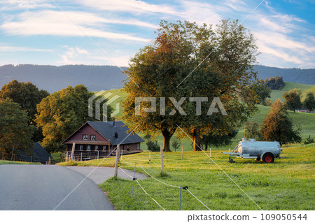 Wooden cottage and tree on hill in rustic village during the morning at Hirzel, Switzerland 109050544