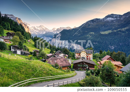 Wengen mountain village with Lauterbrunnen valley and Jungfrau mountain in the evening at Bern, Switzerland 109050555