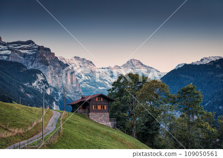 View from Wengen mountain village with Jungfrau and wooden cottage on hill in the evening at Switzerland 109050561