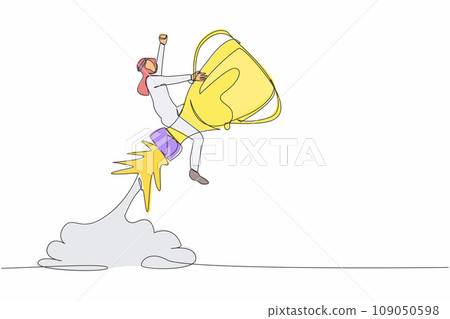 Single continuous line drawing competitive Arab businessman riding trophy rocket flying in the sky. Improve business ability to win competition. Achievement goals. One line design vector illustration 109050598