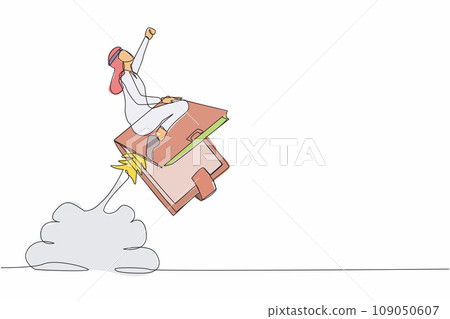 Continuous one line drawing Arab businessman riding wallet rocket flying in the sky. Achievements in professional financial activities. Prosperous entrepreneur. Single line design vector illustration Continuous one line drawing Arab businessman riding wallet rocket flying in the sky. Achievements in professional financial activities. Prosperous entrepreneur. Single line design vector illustration 109050607