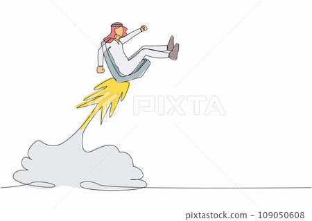 Single continuous line drawing active Arab businessman riding office chair rocket flying in the sky. Boost career development, job promoted to higher position. One line draw design vector illustration Single continuous line drawing active Arab businessman riding office chair rocket flying in the sky. Boost career development, job promoted to higher position. One line draw design vector illustration 109050608