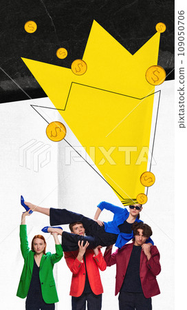 Contemporary art collage. Young man dressed in smart casual outfits raised their leader with crown and coins. Modern minimal bright design. Contemporary art collage. Young man dressed in smart casual outfits raised their leader with crown and coins. Modern minimal bright design. 109050706