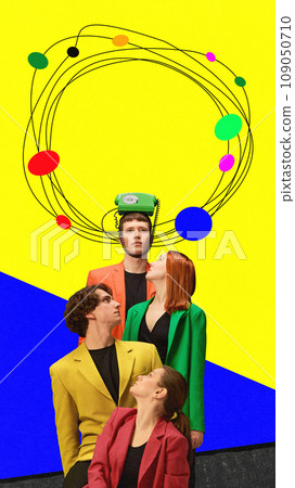 Contemporary art collage. Young leaders, business people looking on secretary, man with retro phone on head. Modern minimal bright design. 109050710