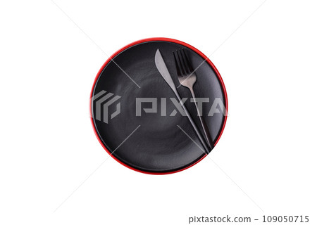 Round empty colored ceramic plate on concrete texture background 109050715