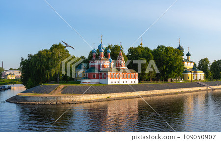 View of the Church of Tsarevich Dimitri on blood in the ancient city of Uglich from the Volga river, panorama View of the Church of Tsarevich Dimitri on blood in the ancient city of Uglich from the Volga river, panorama 109050907