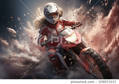 An exciting action shot. Beautiful girl racer, racing on a powerful motorcycle An exciting action shot. Beautiful girl racer, racing on a powerful motorcycle 109051015