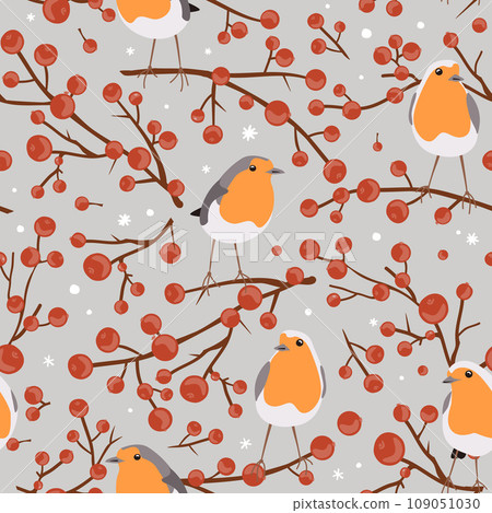 Robin birds and red berries branches, seamless Christmas pattern, winter vector illustration, print on grey background 109051030