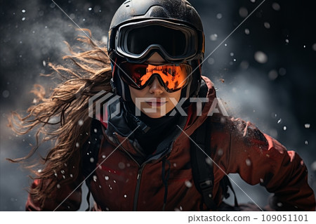 Adventurous Girl Delightedly Sliding Down a Breathtaking Snowy Slope on Her Skis Adventurous Girl Delightedly Sliding Down a Breathtaking Snowy Slope on Her Skis 109051101