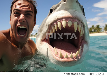A terrified swimmer takes a selfie with a huge shark 109051231