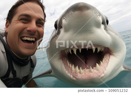Scuba Diver Tenderly Touches Beautiful Shark. A Captivating Underwater Connection 109051232