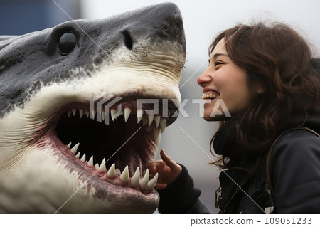 Majestic Encounter. Fearless Scuba Diver Engages with a Gentle Shark in Tranquil Waters Majestic Encounter. Fearless Scuba Diver Engages with a Gentle Shark in Tranquil Waters 109051233