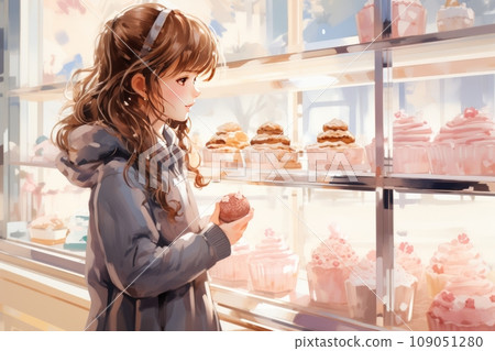 A girl stands in front of a candy store window on Christmas Eve 109051280