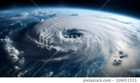 Hurricane eye over sea or ocean, view of tropical storm or cyclone from space. Concept of weather, typhoon, disaster, satellite picture and warning  109051553