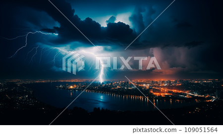 Lightning above the lake. Lightning thunderstorm flash over the night sky over the city. Beautiful view of dramatic dark stormy sky Lightning above the lake. Lightning thunderstorm flash over the night sky over the city. Beautiful view of dramatic dark stormy sky 109051564