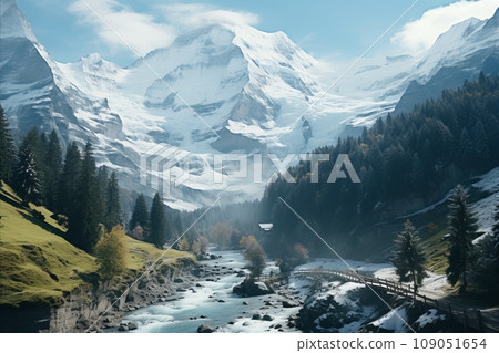 Winter Wonderland. Majestic snow-capped mountains, enchanting forest, and serene river 109051654