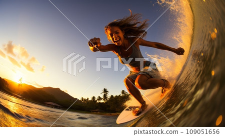 Surfer girl glides through the waves 109051656
