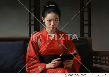 Asian girl in a red kimono reads a notebook Asian girl in a red kimono reads a notebook 109051684