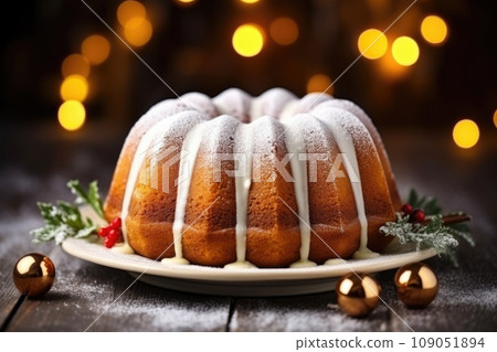 Christmas bundt cake with icing and red berries on a plate 109051894