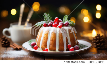 Christmas bundt cake with icing and red berries on a plate 109051895