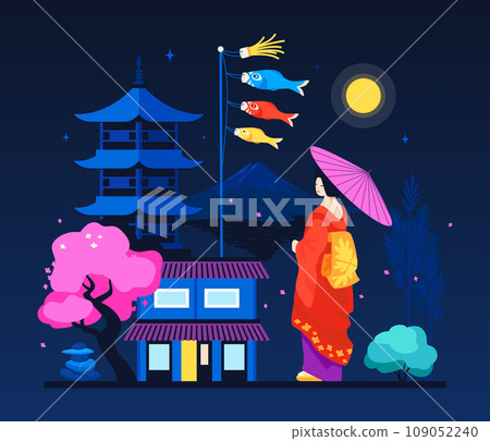 Geisha on the night street - modern colored vector illustration Geisha on the night street - modern colored vector illustration 109052240